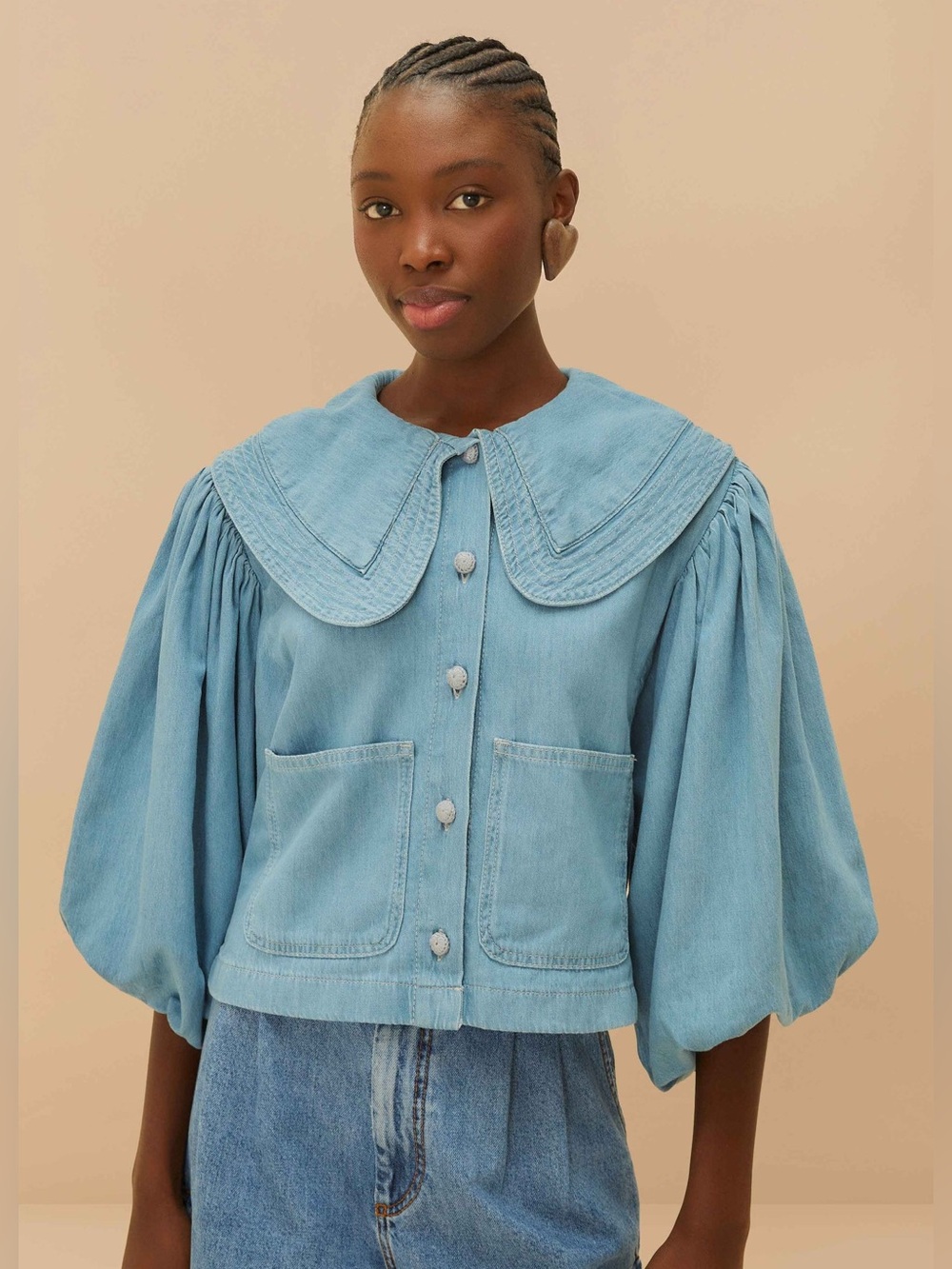 Farm Rio Denim Notched Lapel Shirt